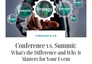 A conference is a multi-topic, educational gathering where attendees self-select sessions based on their own interests and leave with individual takeaways. A summit is a strategically designed event built around a single central problem or theme, where sessions feed a collective discussion and the event closes with a shared direction or solution.